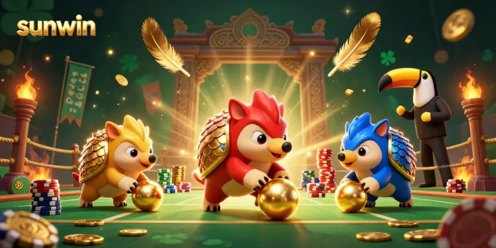 Experience the excitement of sunwin gaming with rival pangolins competing in a vibrant casino scene.