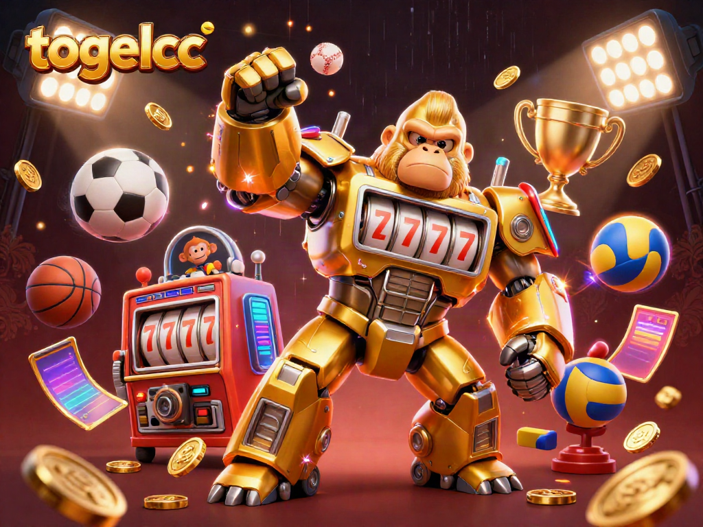 Experience the excitement of togelcc with a dynamic 3D illustration of a golden gorilla mech amidst thrilling gaming elements.