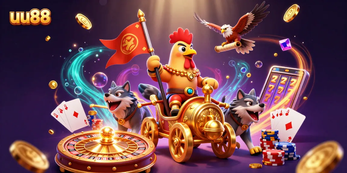 Experience thrilling slots with uu88's dynamic 3D cartoon rooster warlord and vibrant casino elements.
