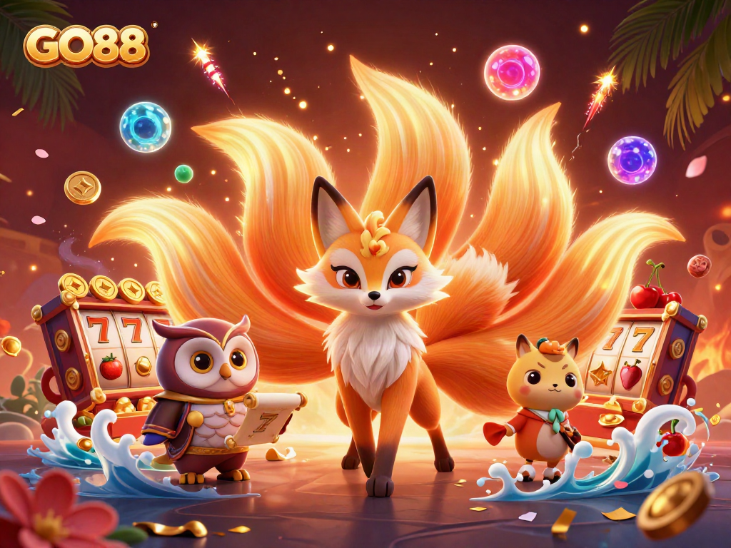 Experience the thrill of GO88 with enchanting visuals and colorful slot game elements in a vibrant casino scene.