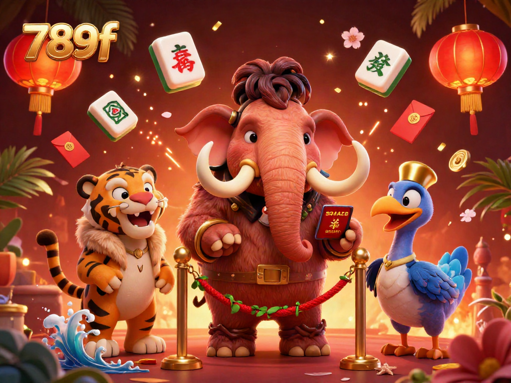 Engaging illustration of 789f with a woolly mammoth bouncer checking IDs, surrounded by vibrant casino elements.
