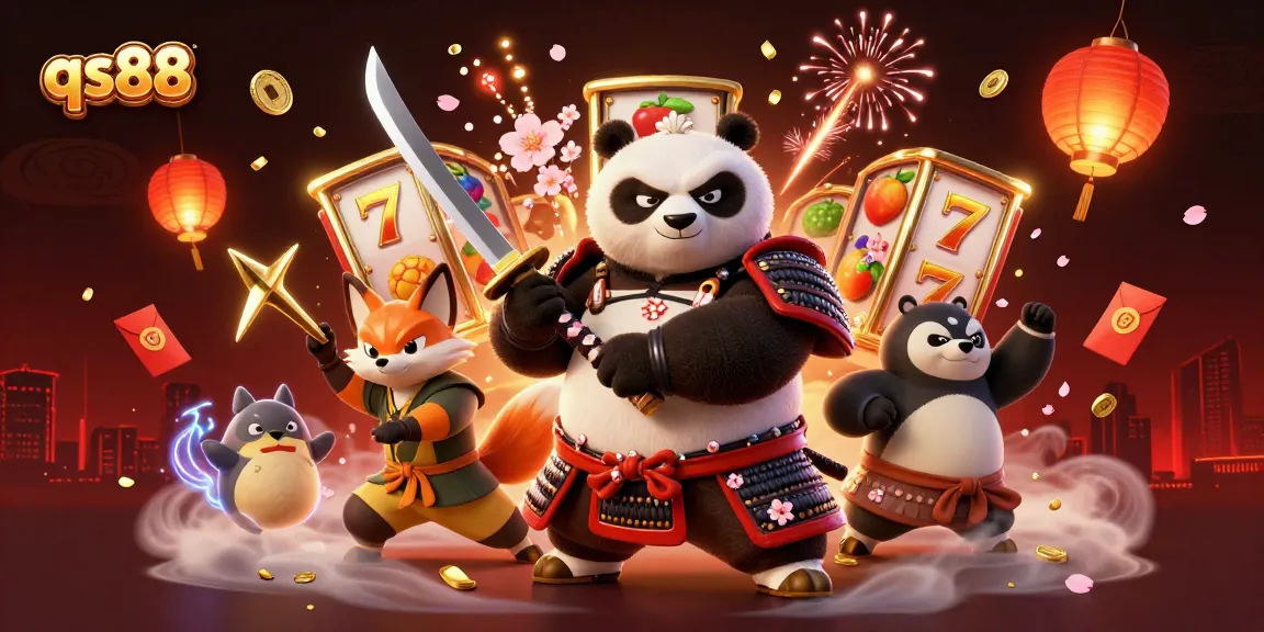 Experience the excitement of qs88 with a fierce samurai panda and a dynamic casino scene filled with slots and golden shuriken.