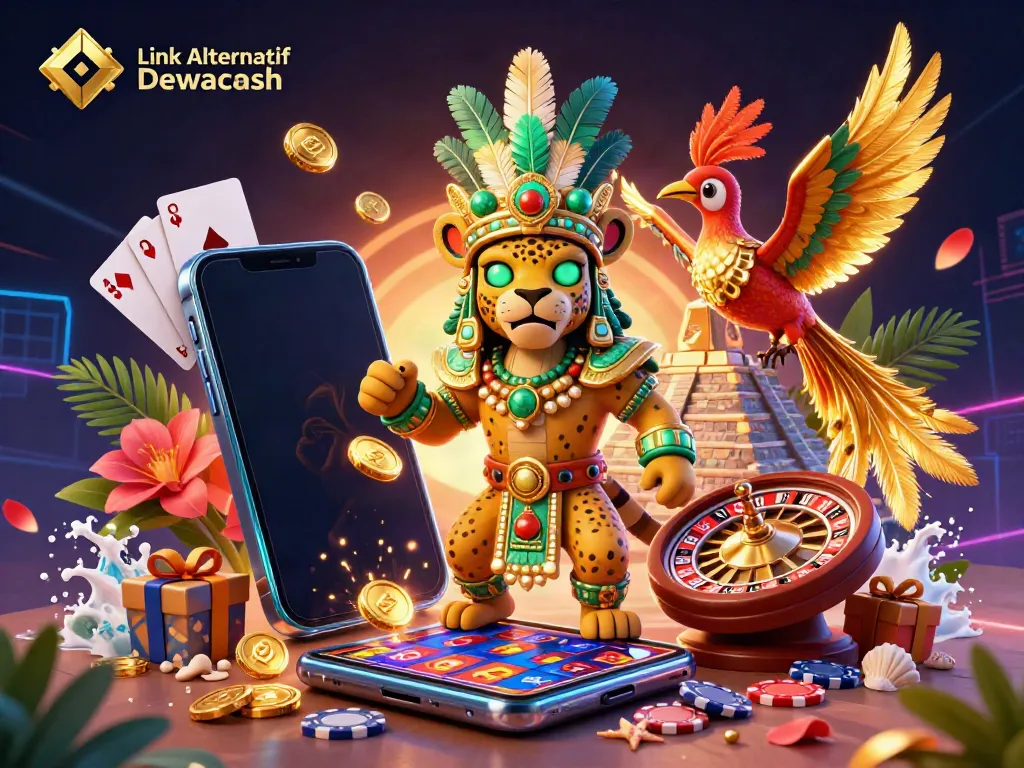 Engage with Link Alternatif Dewacash through immersive casino adventures featuring a Mayan jaguar priest and vibrant game elements.