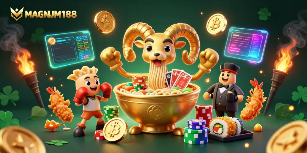 Experience the vibrant energy of MAGNUM188 with dynamic characters and glowing casino elements that embrace the online gaming thrill.