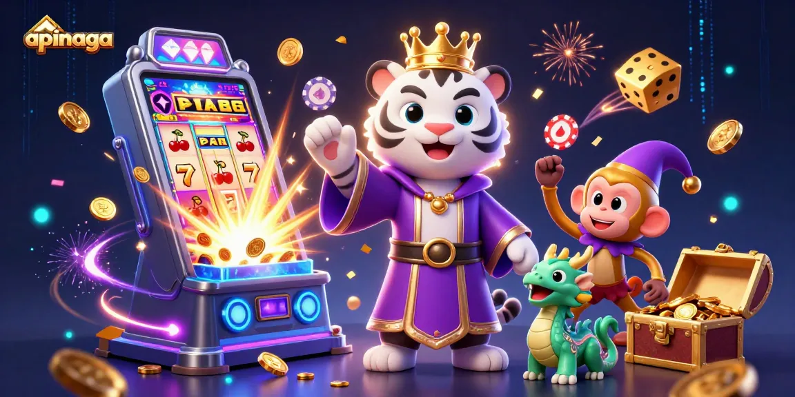 Spin to win with apinaga, showcasing an exhilarating scene of a regal tiger and jester monkey amid casino excitement.