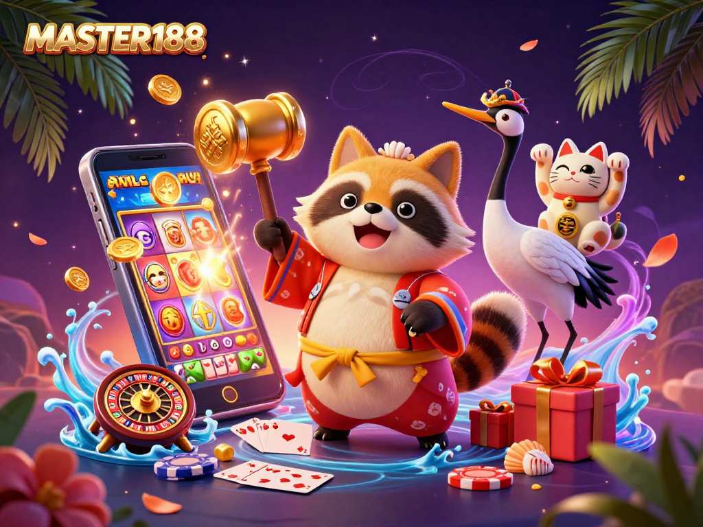 Engage in thrilling gaming action with MASTER188 featuring a tanuki and maneki-neko in vibrant illustrations.