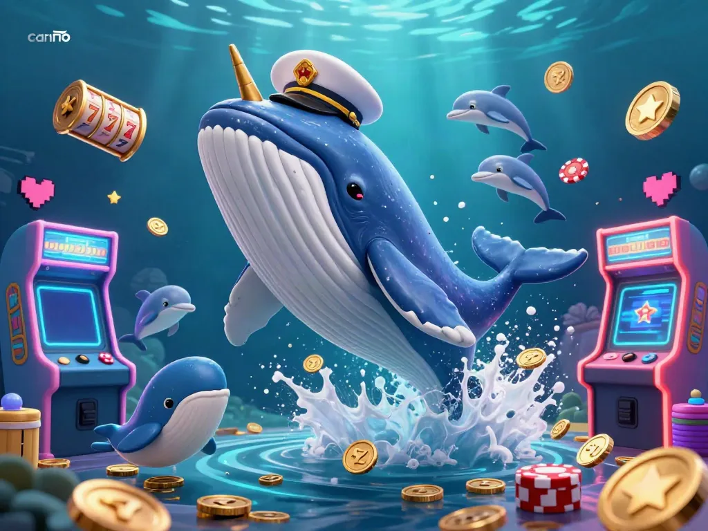 Experience carino's gaming excitement with a vibrant 3D casino scene featuring playful dolphins and a breaching whale.