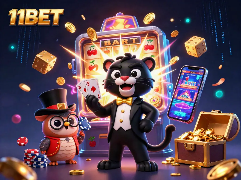 Engage with 11BET's vibrant casino scene featuring a stylish black panther and an owl amidst jackpot excitement.