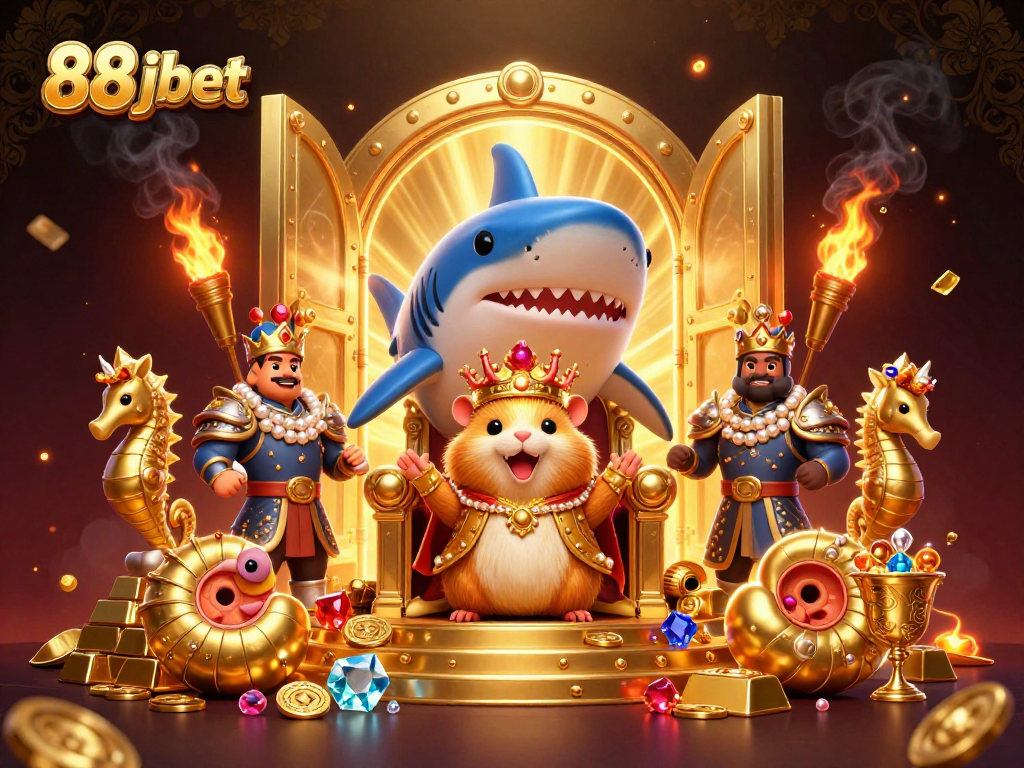 Engage in the world of 88 jbet with a dynamic casino scene featuring a fierce golden hamster king and treasure.