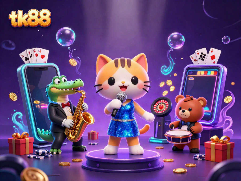 Engaging illustration of tk88, featuring a jazz-singer cat, a saxophone-pulling crocodile, and a drum-playing bear in a vibrant casino setting.
