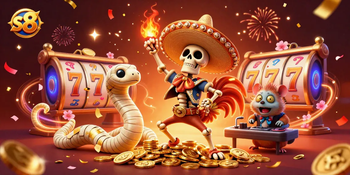 S8 gaming celebration featuring vibrant characters and slot reels; a thrilling casino atmosphere.