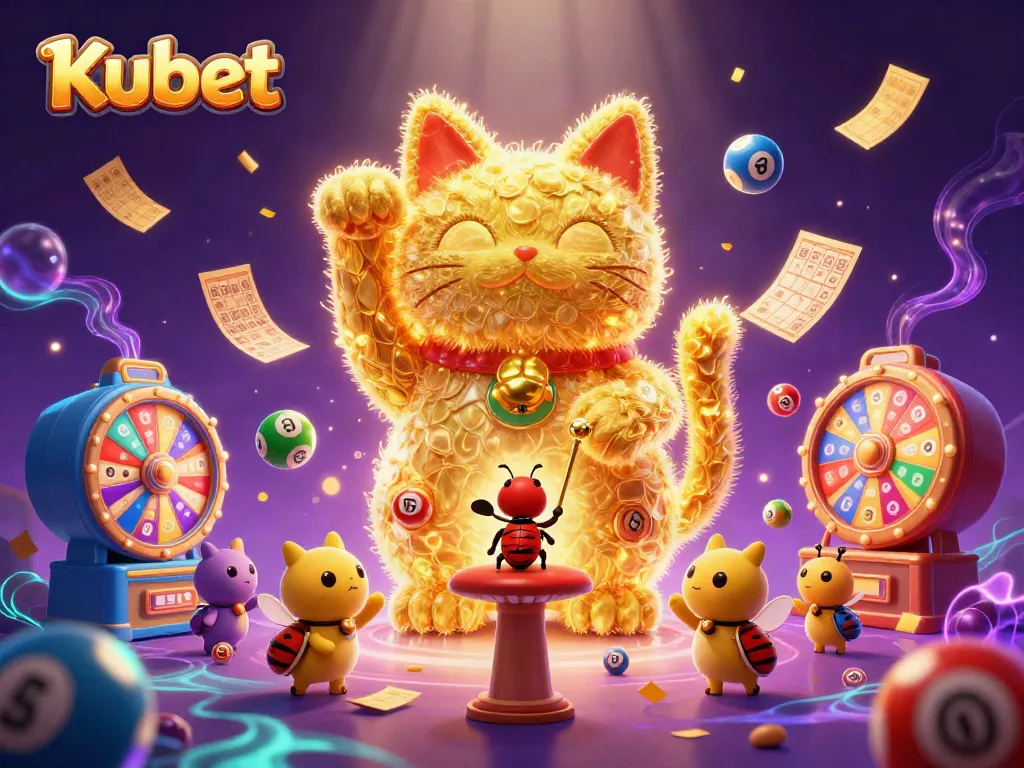 Engage with Kubet's vibrant casino atmosphere featuring a playful lucky cat and dynamic game elements.