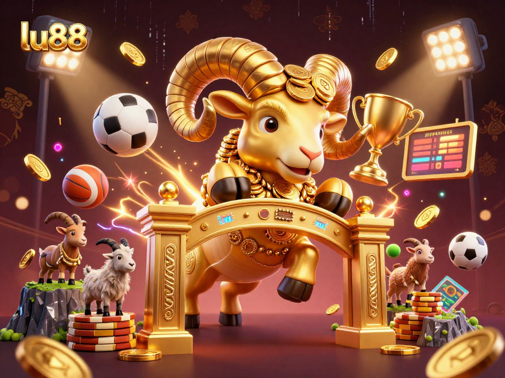 Engage with lu88 in dynamic betting action featuring a golden ram and energetic sports elements.