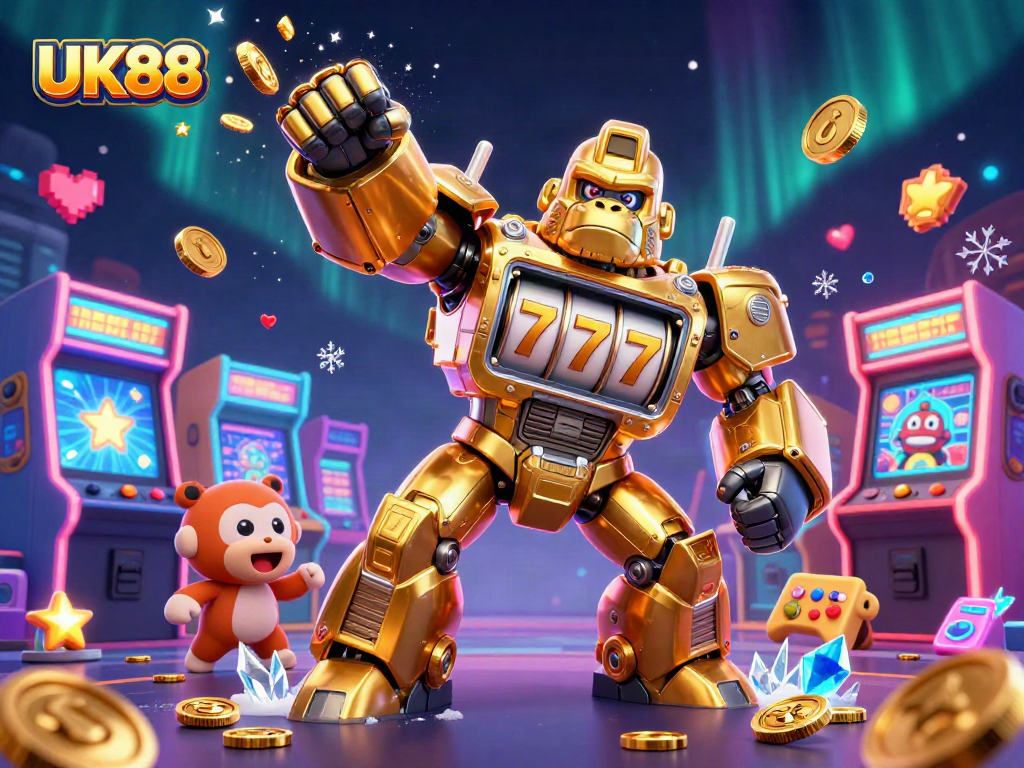 Experience thrilling gameplay with UK88's dynamic golden gorilla mech bursting with coins and casino elements.