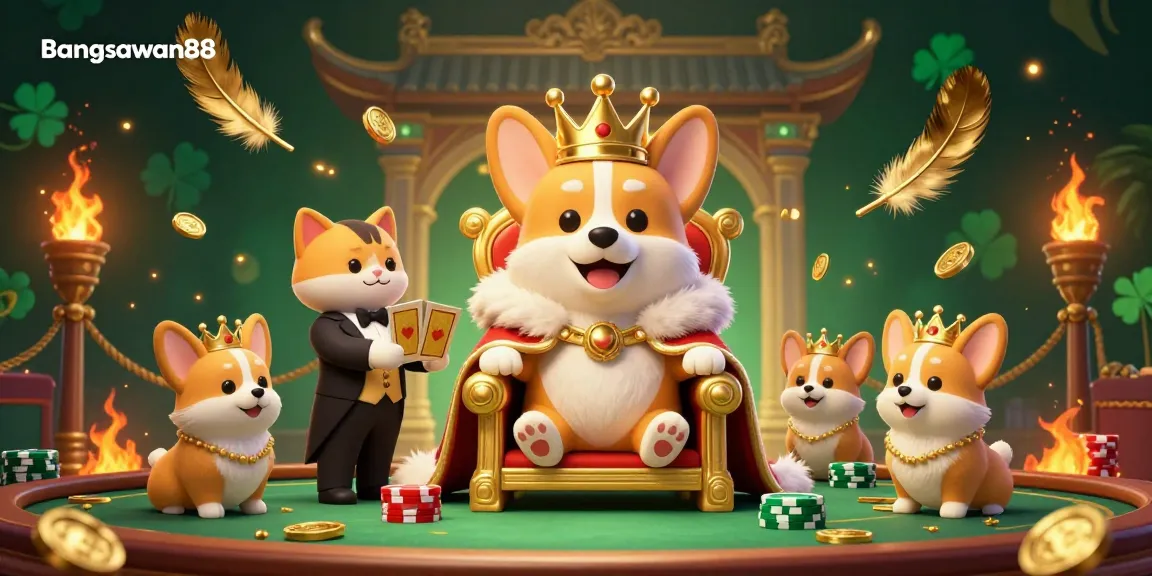 Bangsawan88 showcases a royal corgi on a poker chip throne surrounded by casino elements and dynamic game features.
