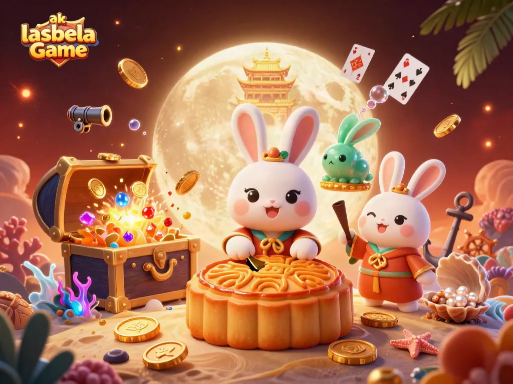 Engage in ak lasbela Game while watching a 3D moon rabbit reveal poker chips from mooncakes.