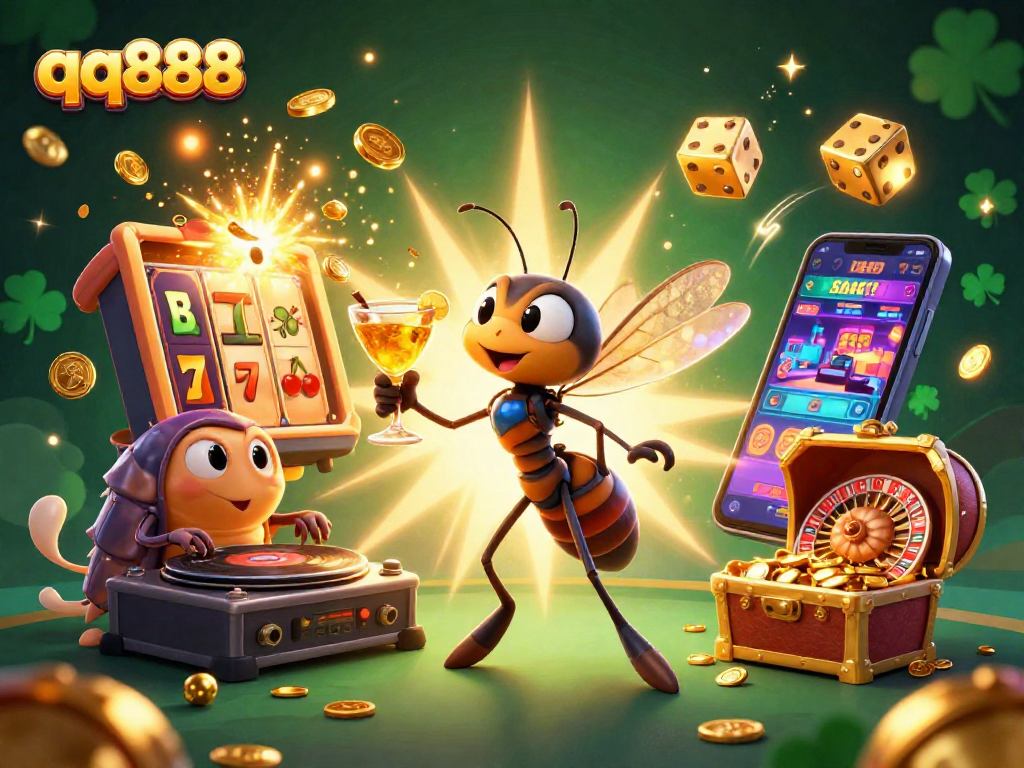 Experience qq888 gaming excitement with a vibrant 3D casino illustration featuring dynamic slot elements and futuristic characters.