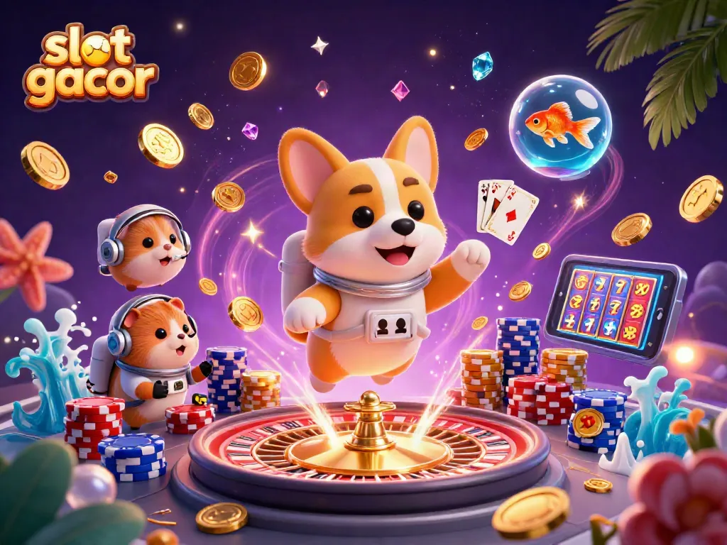 Experience slot gacor with a floating 3D astronaut corgi in a vibrant casino space scene.