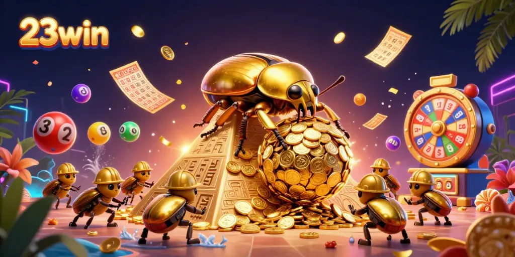 Experience the thrill of 23win casino, featuring vibrant lottery balls and golden treasures.