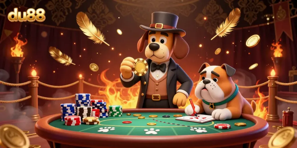 Engage with du88 at a poker-themed 3D illustration, showcasing detectives and treasure clues.
