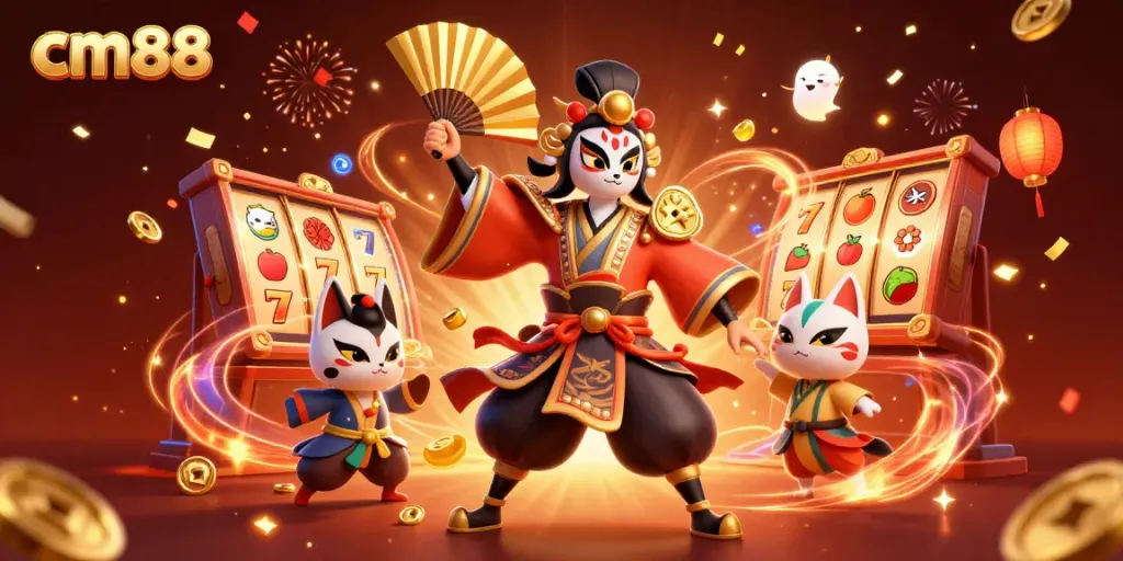 Experience the excitement of cm88 slots with vibrant animations and traditional elements in a captivating casino scene.
