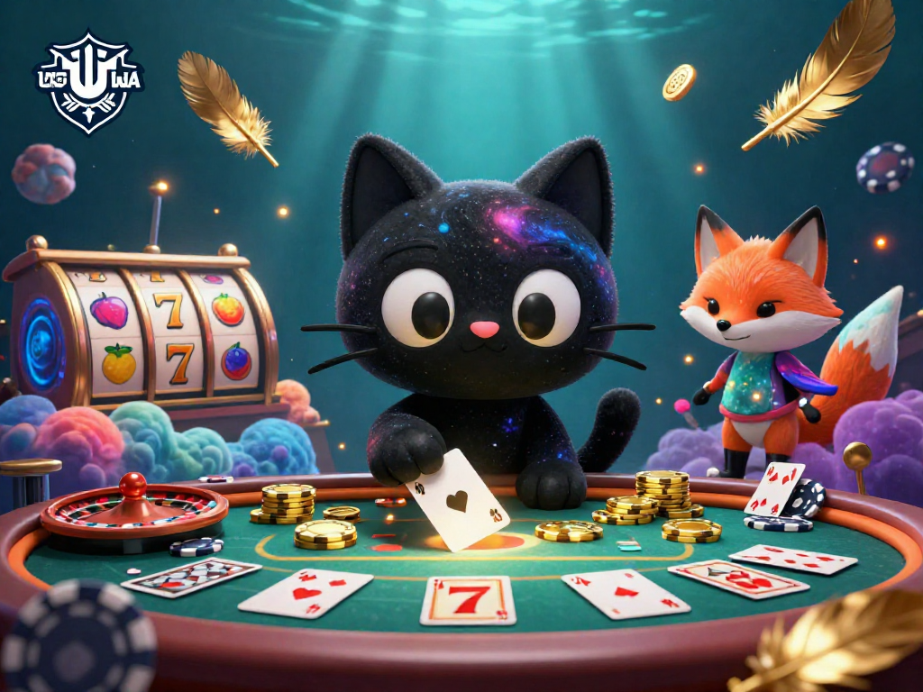 Immerse in the exciting world of UGDEWA as a black hole cat spins golden chips at a vibrant cosmic casino.