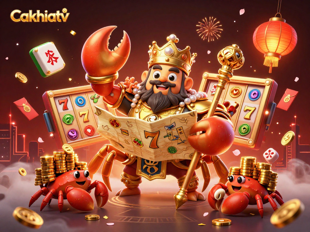 Engage with Cakhiatv's exciting slot experiences featuring a golden crab emperor and dynamic casino elements.