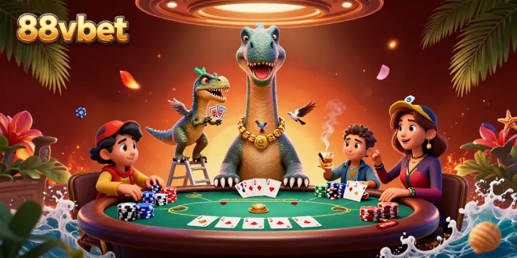 88vbet engaging players with a whimsical casino scene featuring a brontosaurus and a raptor.