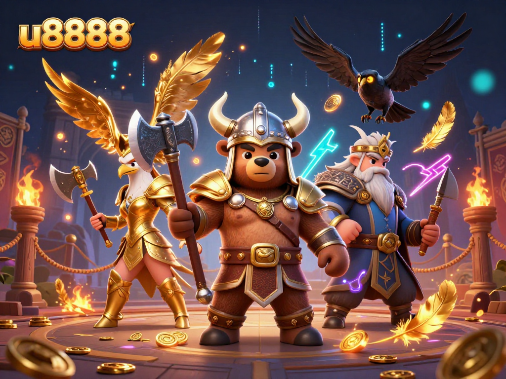 Engage in exhilarating gameplay with u8888, featuring vibrant 3D casino elements and dynamic characters.