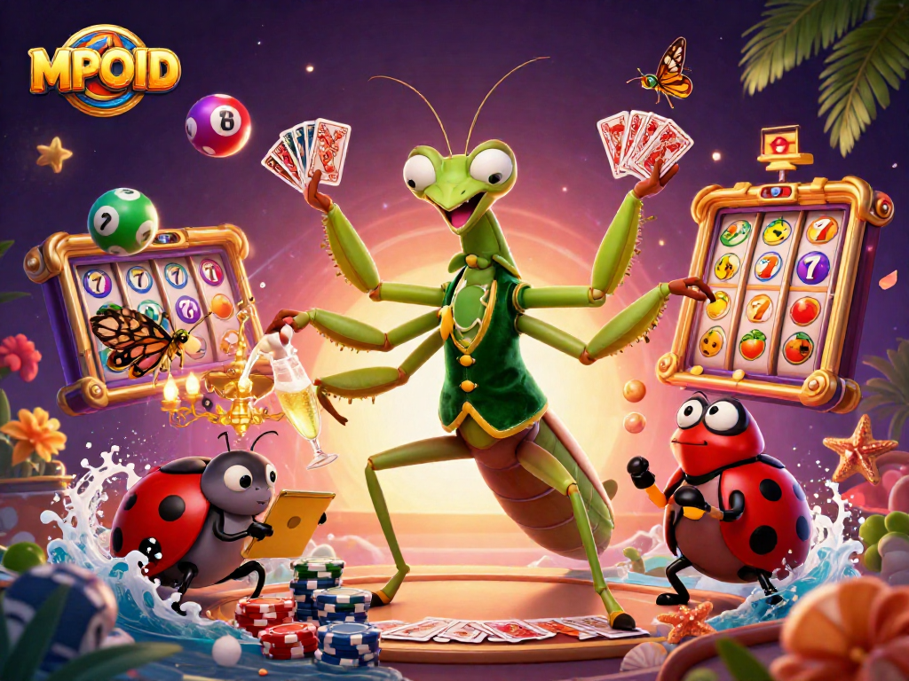 Engage with dynamic gambling action in MPOID featuring a card sharp and pit boss amidst lively casino elements.