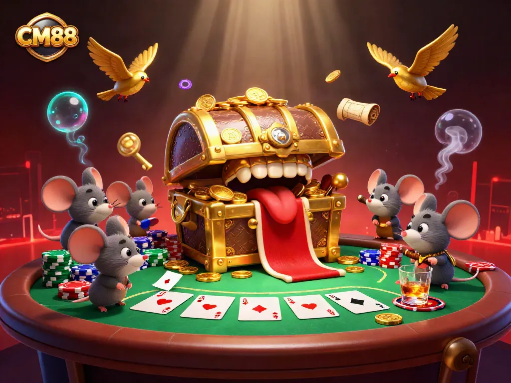 Engage with CM88's vibrant casino scene featuring a golden treasure chest, poker chips, and exciting gameplay.