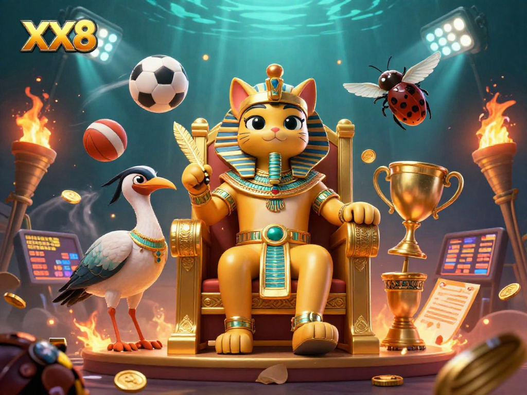 Experience the thrilling world of XX8 betting with animated pharaoh cat and vibrant sports elements.