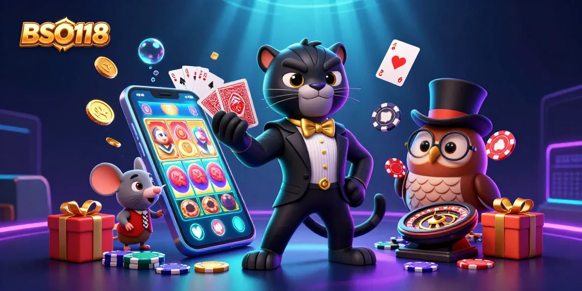 Engage with BSO118's vibrant casino scene featuring a tuxedoed panther, poker owl, and lucky mouse.
