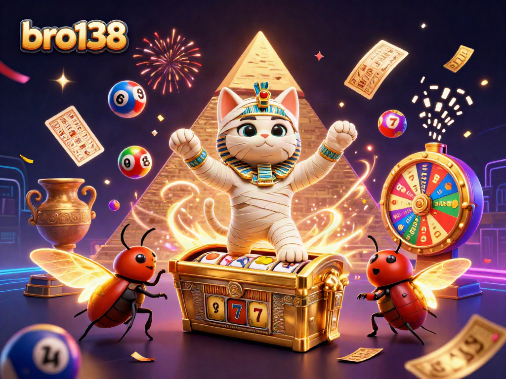Spin to win at bro138 with vibrant slot reels, lively lottery balls, and a festive pyramid casino scene.