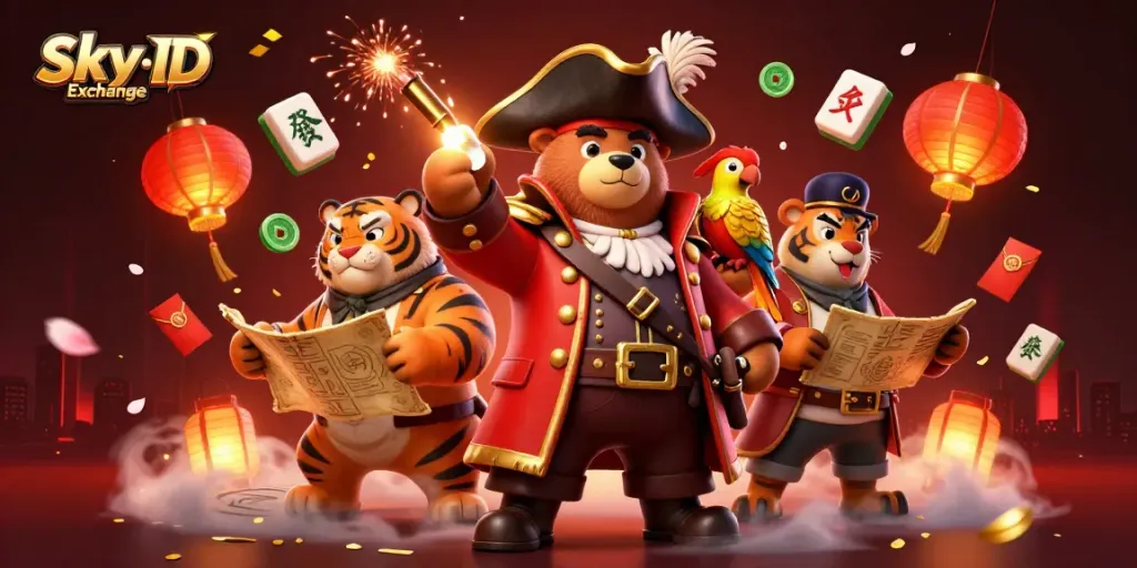Experience thrill with Sky Exchange ID while winning at casino games in a vibrant 3D illustration.