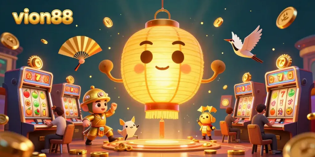 Engage with vion88 at the vibrant casino featuring golden animated characters, dynamic slot machines, and lucky symbols.