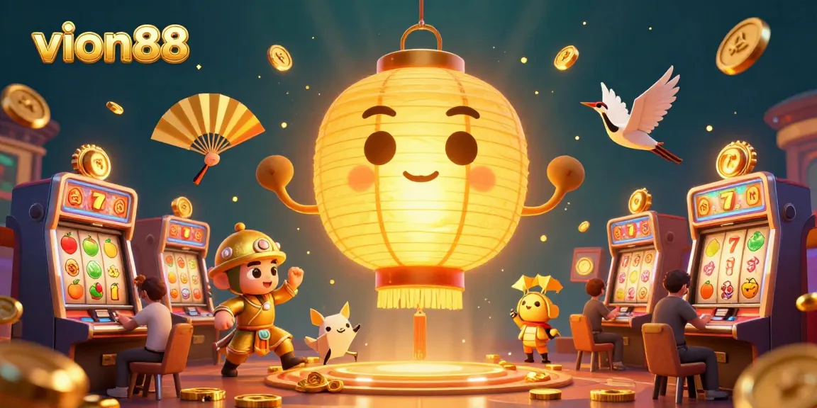 Engage with vion88 at the vibrant casino featuring golden animated characters, dynamic slot machines, and lucky symbols.