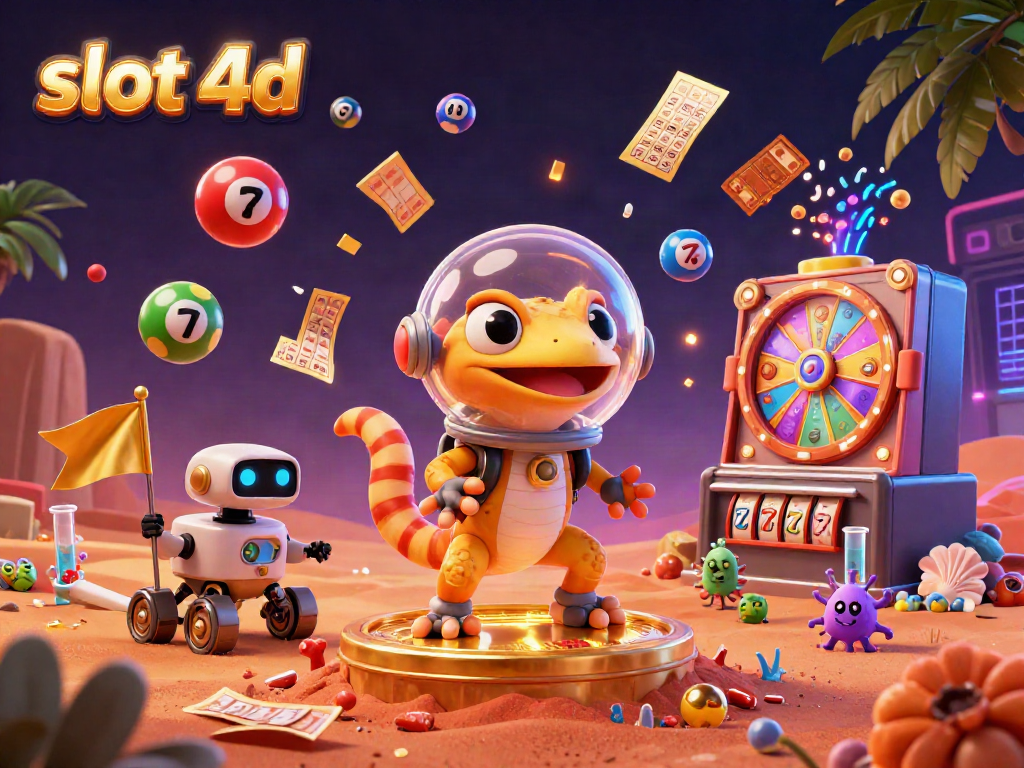 Menangkan slot 4d dengan ilustrasi kehidupan luar angkasa yang ceria dan kasino emas.