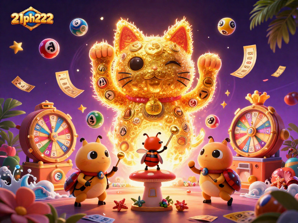 Experience the magic of 21ph222 with a golden lucky cat and vibrant casino elements.