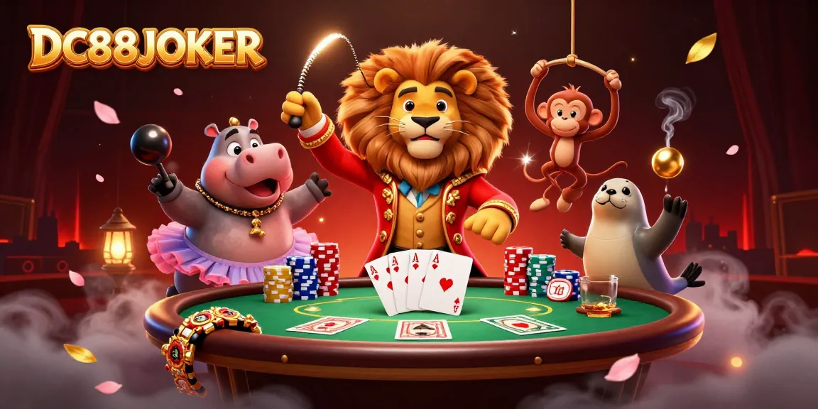 Experience the excitement of DC88JOKER with a vibrant circus scene full of playful characters at a poker table.