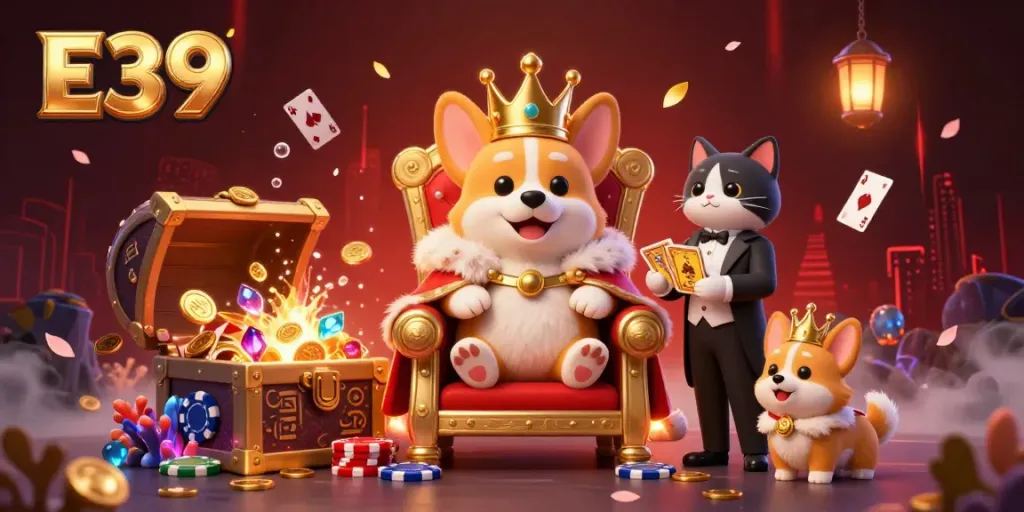 E39 showcases a vibrant casino atmosphere with a royal corgi on poker chips amidst a treasure explosion of gems.