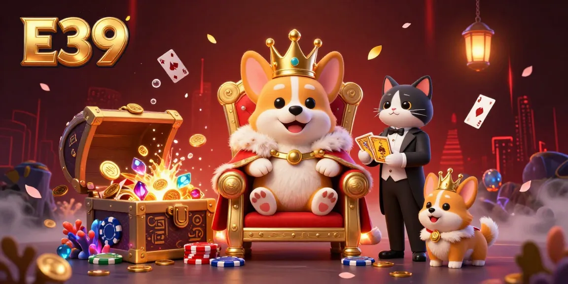 E39 showcases a vibrant casino atmosphere with a royal corgi on poker chips amidst a treasure explosion of gems.