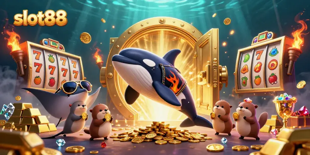 Experience exciting slot88 games with vibrant characters, jackpots, gems, and treasures in this colorful casino scene.