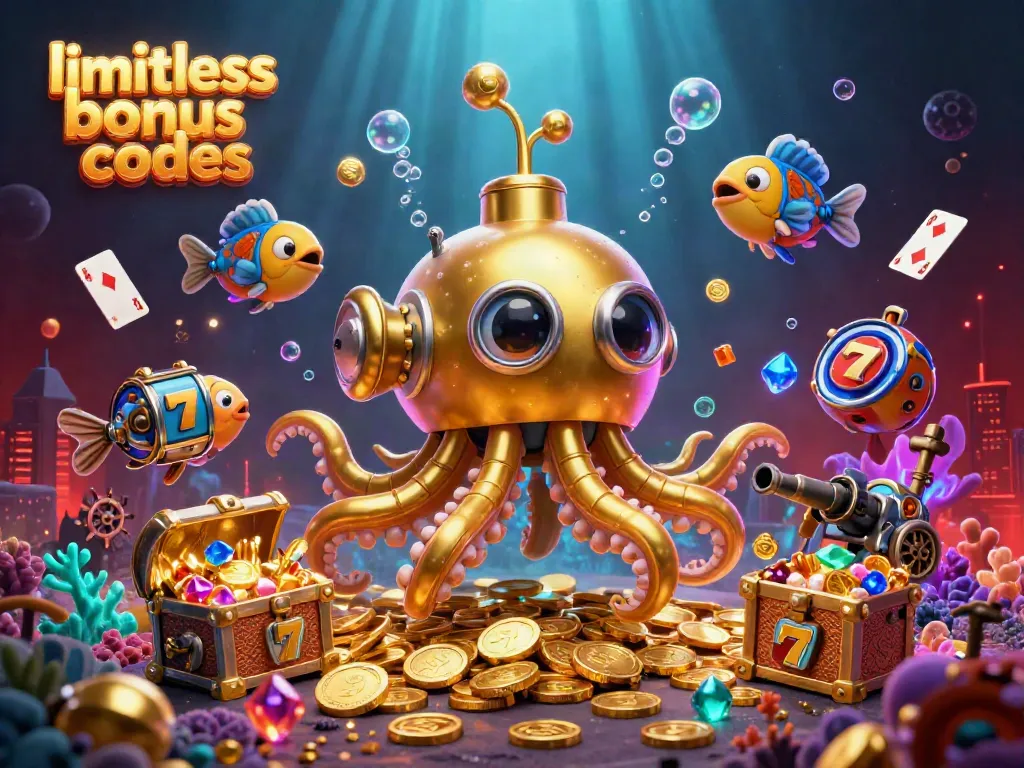 Play with limitless casino bonus codes in a vibrant 3D underwater casino scene filled with gold coins and mechanical fish.