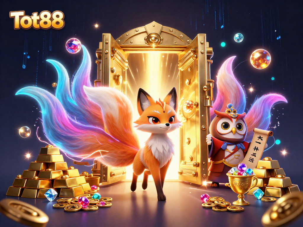 Engage with Tot88's vibrant casino world featuring a multi-colored fox spirit amidst treasures.