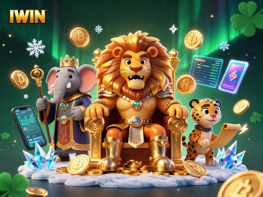 Spin to win with IWIN featuring a lion king on a throne of gold coins amidst vibrant casino elements.