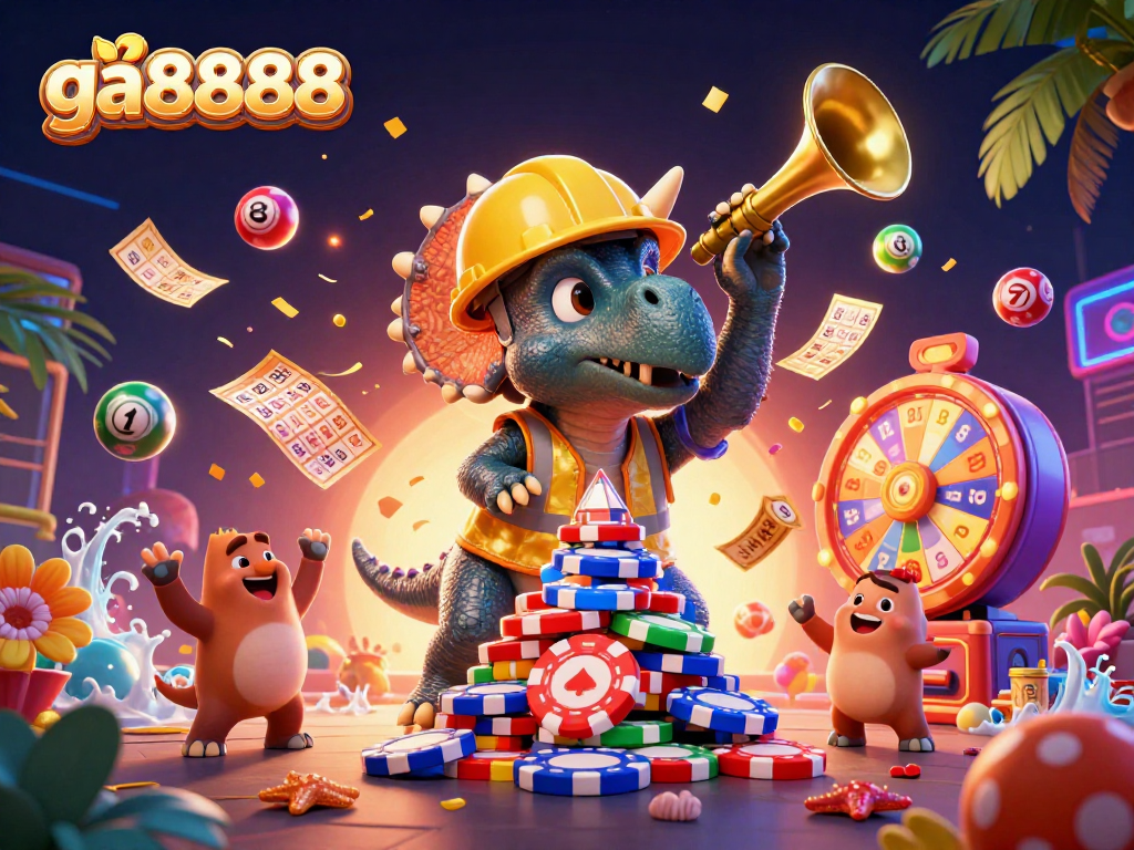 Experience excitement with ga8888 as cartoon dinosaurs build poker chip towers amidst a vibrant casino scene.