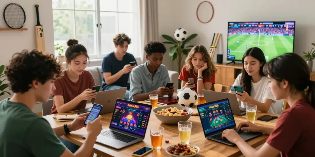 Engaging scene of friends using lotus365 for online betting and gaming during a lively sports watch party.