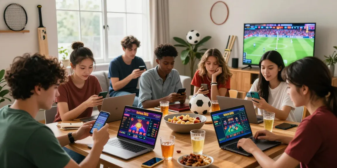 Engaging scene of friends using lotus365 for online betting and gaming during a lively sports watch party.