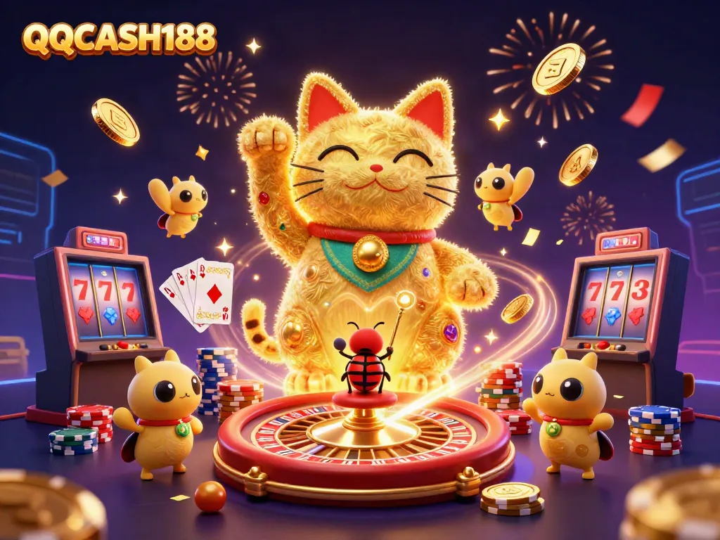Experience the excitement of QQCASH188 with a vibrant casino-themed illustration featuring a lucky cat crafted from golden fireflies.